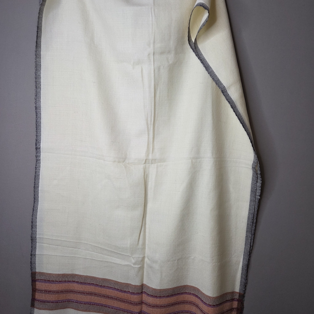Bhuttico Hand Loom Wool Cream and Purple Orange Fringed Scarf - Picture 2 of 7
